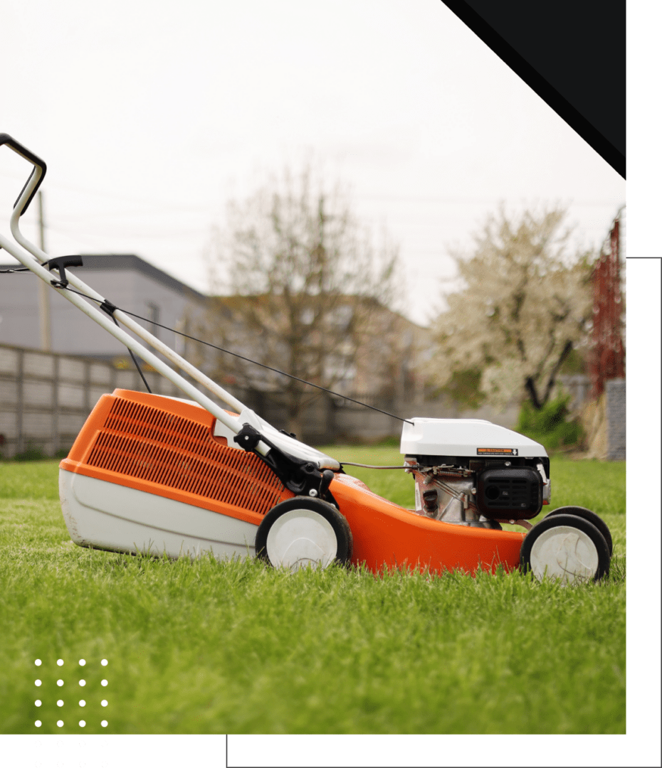 local-expert-3 Orange lawn mower on green grass.