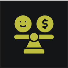 Balance scale with smiley and dollar symbols.