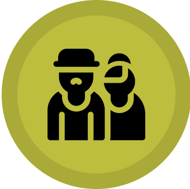 Two silhouetted figures on green circle.